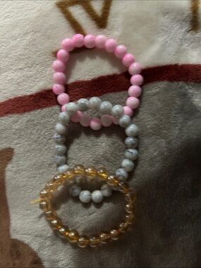 Set of Three Beaded Stretch Bracelets - Pink, White, Amber